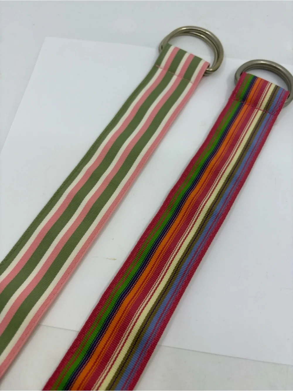 Striped Double-Ring Fabric Belt - Pink & Olive Green
